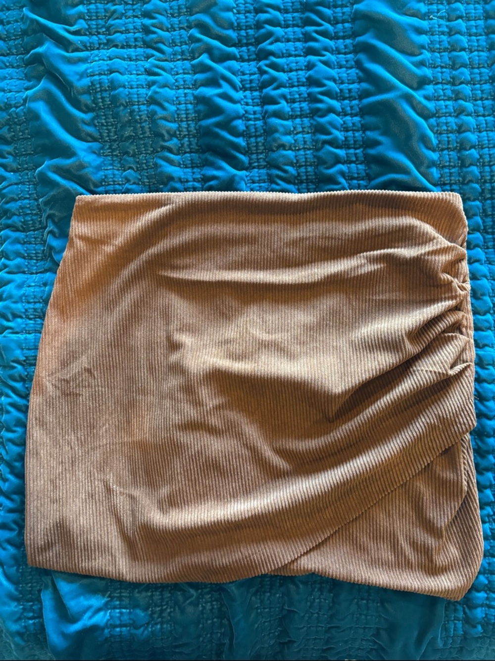 Ruched Faux-Corduroy Mini Skirt in Camel